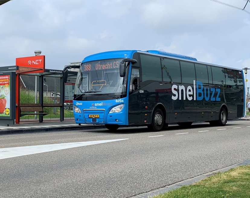 Een SnelBuzz staat bij een bushalte onder een viaduct
